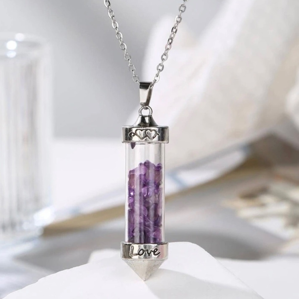 Amethyst Love Vial Tiny Lavender Float Stone Engrave Bottle Chakra Heart Pendant - Picture 3 of 16